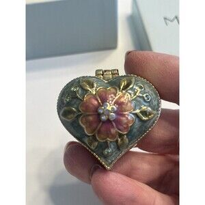 Vintage Monet Heart Shaped Enameled Jeweled Hinged Trinket Treasure Pill Box